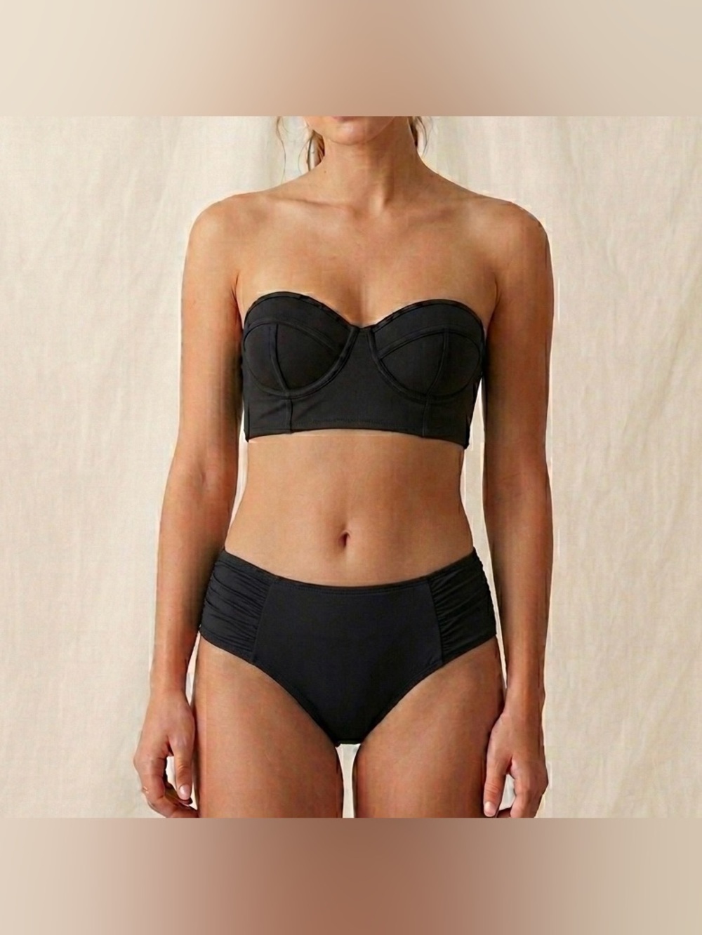 Ardene Black Bandeau Bikini Set Strapless Ruched Mid Rise Swimsuit 2 Piece Small